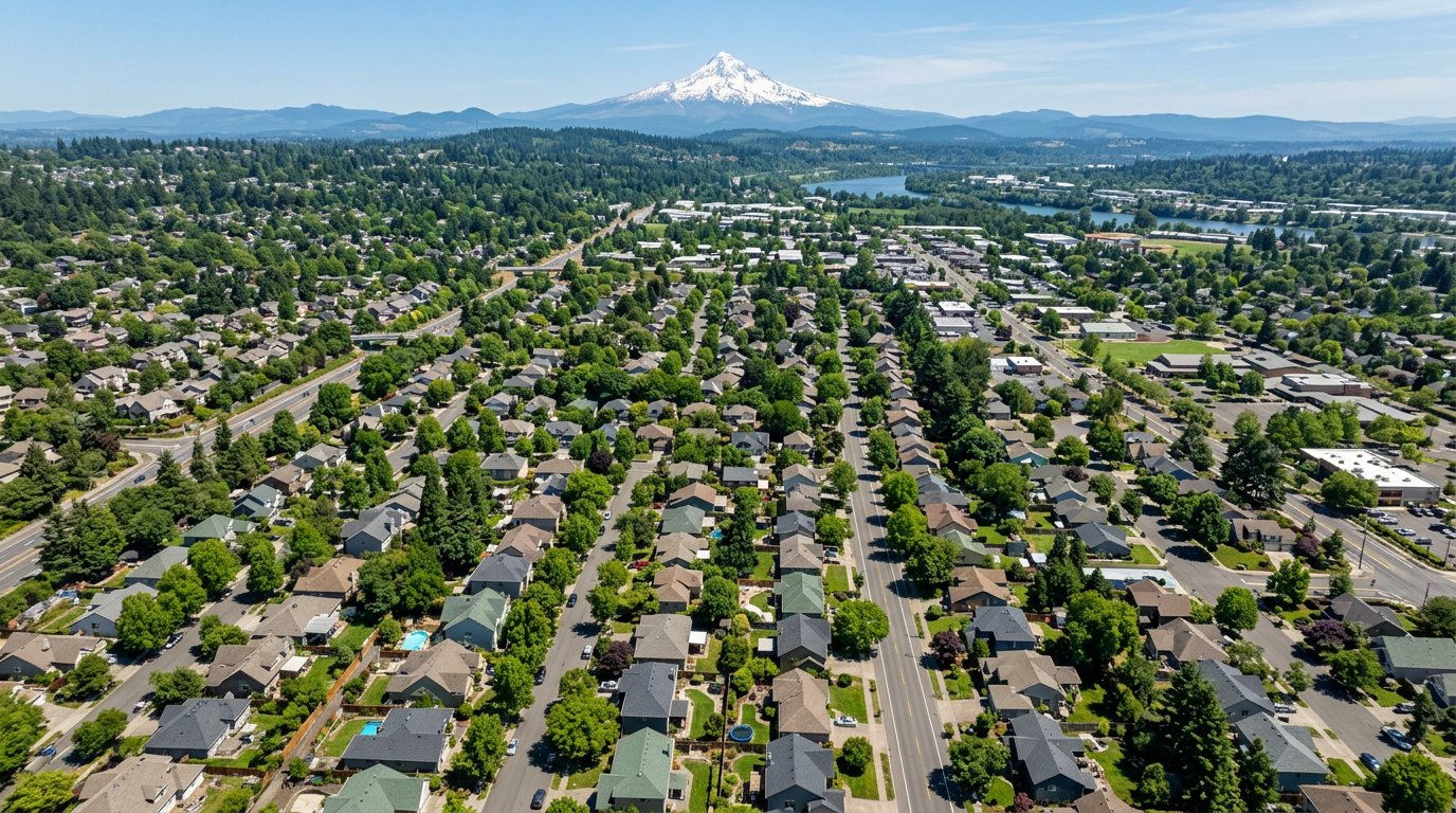 Aerial view of the Portland-Vancouver suburban metro with Mount Hood